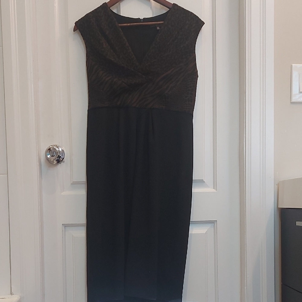 Adrienne Vittadini Elegant Black and Brown Midi Dress